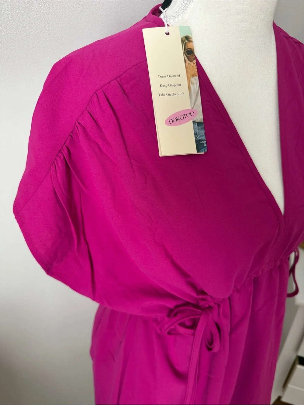 Dokotoo Fuchsia V-Neck Drawstring Midi Dress
